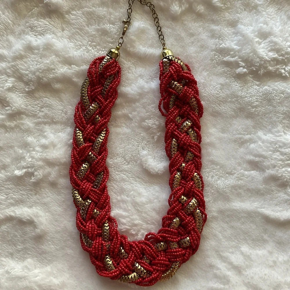 Chunky Red Braided Seed Bead Gold Mesh Chain Statement Necklace 19-22" Bold - Picture 4 of 4